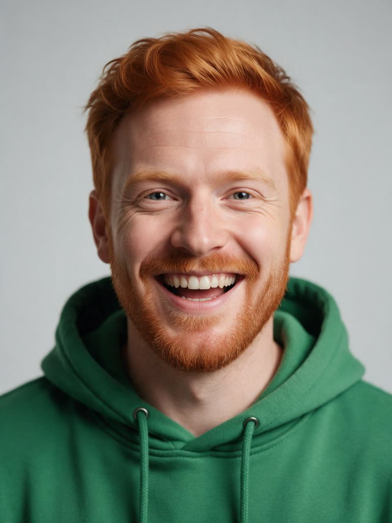 The one photo used for this Burning Bridges AI example: a smiling red-haired man in a green hoodie (AI-generated sample person)